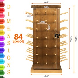 Wooden 84 Spools Thread Rack/Thread Holder Organizer with Inner Storage Compartments, 360° Fully Rotating Thread Storage Organizer for Sewing, Embroidery, Hair-braiding and Jewelry (Brown)