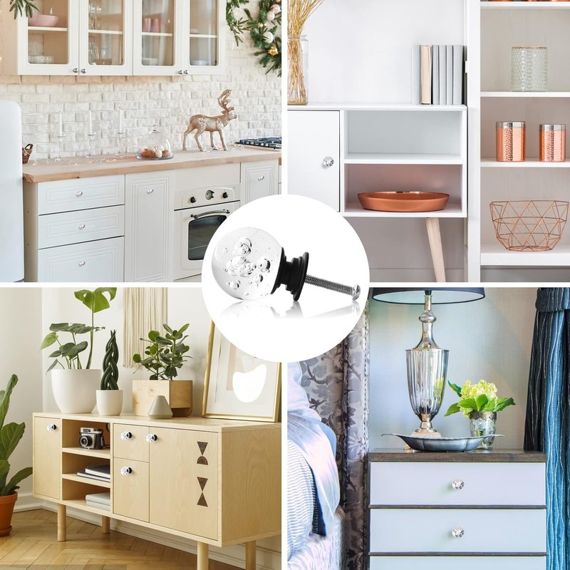 12 Pcs 30mm Round Bubble Crystal Glass Cabinet Knobs with