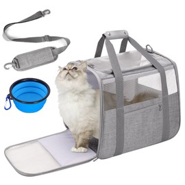Cat Carrier Soft-Sided for Large Cats, Dog Carriers for Small Dogs, Airline Approved Pet Travel Carrier for Cats Puppies up to 16Lbs with Safety Zippers Foldable Bowl, 18x12.5x14.2, Grey