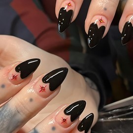 Akili Biley Press on Nails - Almond Medium Black Bare Red Heart Star Rhinestone French Tip False Nails - Glue & Stick on - Cute, Fantasy, Classy & Wedding/Birthday Pack