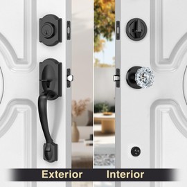 Calzibeno Vintage Black Front Door Handle and Deadbolt Set, Front Door Lock Set with Crystal Glass Door Knob, Entry Door Lock Set with Single Cylinder, Reversible for Right & Left, Matte Black