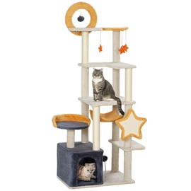 PawHut Cat Tower, 63 Inch Cat Tree for Large Adult Indoor Cats with Cat Scratching Post, Cat Hammock, Condo, Bed, Scratching Board & Cat Toys, Moon and Star Themed Cat Tree Tower, Beige