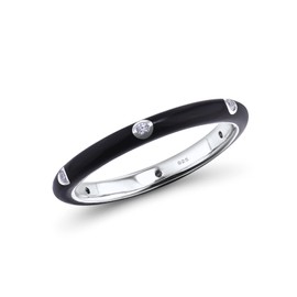 Santuzza Stackable Enamel Ring 925 Sterling Silver Stacking Cubic Zirconia Eternity Colorful Rainbow Band Rings (Small, Black, 7.5)