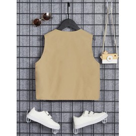 Verdusa Boy's Pocket Front Buckle Sleeveless Cargo Vest Jacket Khaki 9Y