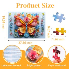 1000 Piece Puzzle for Adults Butterfly Noctilucous Jigsaw Puzzles - Challenging 3D Puzzles Stunning Flower Art Wall Decor, Gift for Adult Puzzle Lovers (27.5x19.6 Inch)