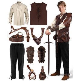 Silicherry 10 Pcs Men Renaissance Costume Set Medieval Pirate Shirt Vest Retro Pant Belt Pouch Shoulder Armor for Cosplay (X-Large)