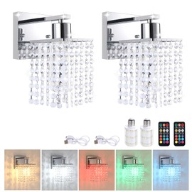 Shenmoyl Crystal Battery Operated Wall Sconce Set of 2, Rechargeable Battery Powered Wall Lamp with Remote Control, Modern Dimmable Wireless Wall Lights for Bedroom Bathroom (Clear, Silver Base)