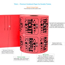Tacticai 500 Raffle Tickets, Red (1 of 8 Colors), Double Roll, Large Ticket for Events, Entry, Class Reward, Fundraiser & Prizes