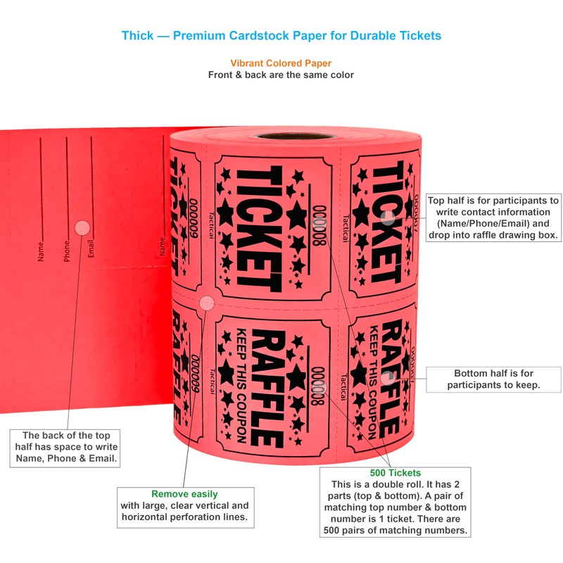 Tacticai 500 Raffle Tickets, Red (1 of 8 Colors), Double
