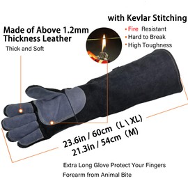 WZQH 23.6 In Leather Welding Gloves for Animal Handling,Grabbing Reptile, Grooming,Trips to Vet,BBQ,Fireplace.Puncture & Scratch Resistant, Bite Proof for Cat Dog Bird Falcon Livestock Snake XL Black