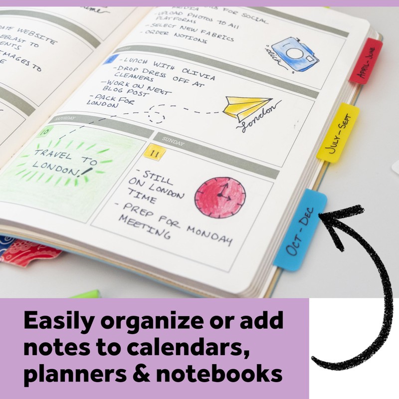 Post-it Tabs, .625 in Solid, Aqua, Lime, Yellow, Red, 10/Color,