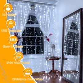 Ollny Curtain Lights Indoor Outdoor, 300LED 3mx3m Waterfall Hanging Plug in String Lights, Waterproof Window Lights for Bedroom/Wall/Outdoor/Wedding/Party