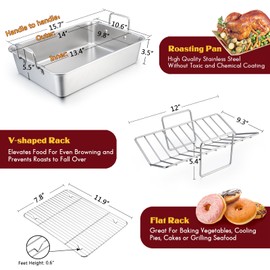 E-far 14 x 10.6 Inch Roasting Pan, Stainless Steel Turkey Roaster with V Rack & Baking Rack Set, Small Heavy Duty Deep Broiling Pan for Oven Cooking Lasagna Meat Chicken - Dishwasher Safe