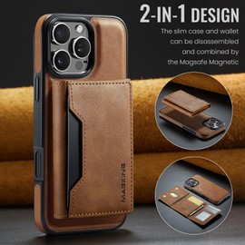 XYAJUANG Compatible with Iphone16 Pro Max，The 2 in 1 Detachable Fold Leather Wallet Phone Cases， Support Mag-Safe Magnetic Wireless Charging (Brown)