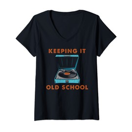 Womens Keeping It Old School Vinyl Record Retro Gramophone V-Neck T-Shirt