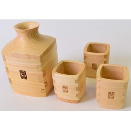 Kiso Kogei Tokuri Wooden Hinoki Horn Guinomi Set of 4