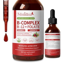 Methylated B Complex - 5000 mcg Methylcobalamin B12 & 5-MTHF Folate 1000 mcg - Vitamin B Complex Liquid Drops with B3, B6, Beetroot, Hawthorn - Energy, Focus, Heart & Brain, Sugar-Free, 2 Fl Oz