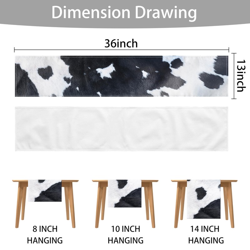 Linen Cow Print Table Runner 13x71 Inch Farmhouse Western White