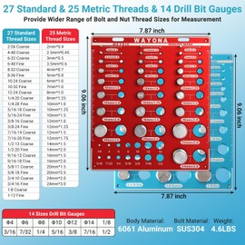 Wayona 66 Nut and Bolt Thread Checker - 27 Standard and 25 Metric Bolt Thread Gauge & 14 Drill Bit Gauge, Nut and Bolt Size Finder Tool, Wall-Mountable Bolt and Nut Identifier Gauge with Dual Scales