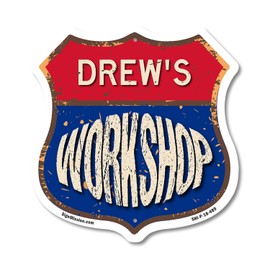 Drew's Workshop 18 inch X 18 inch Shield Shaped Commercial Grade Plastic Sign Weather Resistant, UV Protected To last, Gift for Dads and Uncles Classic Americana Crafted in the USA