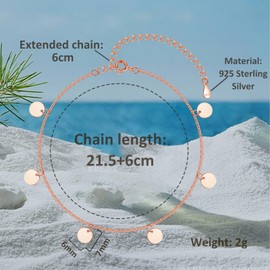 Deyanse Silver Anklet for Women, 925 Sterling Silver Anklets for Women, Flexible Adjustable Waterproof Anklet Ankle Chain, Stylish Summer Barefoot Beach Anklet Bracelet, Rose Gold, No gemstone