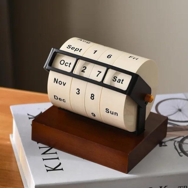 SELECOCO Rotating Perpetual Calendar Wooden Tabletop Stylish Scandinavian Interior Simple