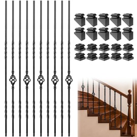Vilstomes Wrought Iron Balusters, 10 Pack Metal Deck Spindles, 1/2" Deck Balusters Hollow Iron Spindles, Staircase Baluster (5 Double Twist + 5 Single Basket)