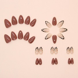 24Pcs Almond Press on Nails Short Fake Nails with Leopard Design V French False Nails Brown Glue on Nails Glossy Acrylic Nails Reusable Stick on Nails Full Cover Nail Tips for Women Girls