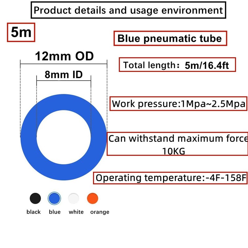 HUAZIZ 5m PU Pneumatic Hose, Blue, 12mm OD x 8mm