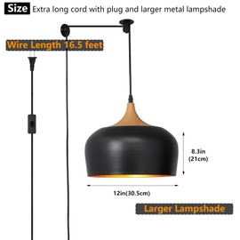 Big Plug in Pendant Light Modern Hanging Light Fixture with 16.4ft Cord On/Off Switch for Kitchen Island,Dining Room,Over Table,Black and Wood Grain Paint