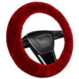 Soft Fluffy Wool Sheepskin car Steering Wheel Cover for Girls Women Universal car 14 1/2-15 1/2inchs (Claret)