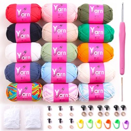 Sekafris 15 Pack Crochet Yarn Beginner - Black White Orange Red Green Rainbow Hot Pink Yellow Cotton Chunky Yarn - with Easy-to-See Stitches Beginner Yarn for Crocheting (15 * 50g)