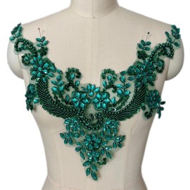 Succi Shan Lace Flower Beads Pearl Patches,Sew on Rhinestones Appliques for Dress Clothing Neckline (Deep Green)