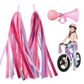 Bike Horn Set,Air Squeeze Honking Horn,2 Pcs Bicycle Handlebar Streamers Colorful Ribbons Tassel for Girls or Boys Bicycle Handlebar Scooter Handgrip (Pink)