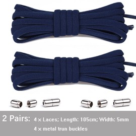 Olukssck 2 Pairs of Elastic Shoelaces with No Tying - Quick Lacing System with Metal Lock, Set for Runners, Children, 105 cm Length, Diameter 5 mm, Navy Blue