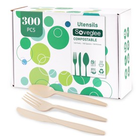 300Pcs Heavy Duty Disposable Silverware Set,100% Compostable Utensils Forks Spoons and Knives Set- Friendly No Plastic Silverware Compostable Cutlery Set for Weddings, Parties, Office, Camping, Picnic