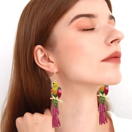 Just Follow Colorful Parrot Dangle Earrings Shining Rainbow Rhinestone Drop Earrings Bohemian Animal Bird Earrings for Women Jewelry (Color)