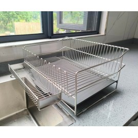 OMBIZNY Dish Drying Rack with Removable Flatware Basket and Drain Tray, 40cm x 30cm, Silver