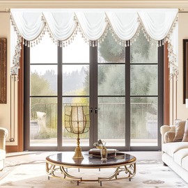 VOGOL Extra Wide Sheer Curtain Valance, Luxury White Vintage Waterfall Curtain for Weddings, Light Softening Voile Panels for Living Room Bay Window, 1 Panel, W138, White