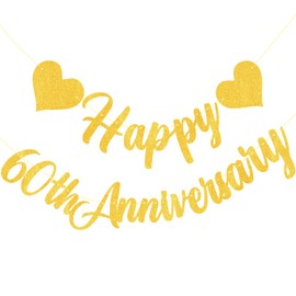 No DIY Glitter Gold Happy 60th Anniversary Banner - Cheers to 60th Birthday Marriage Banner - Loved Wedding Anniversary Party Bunting Decoration
