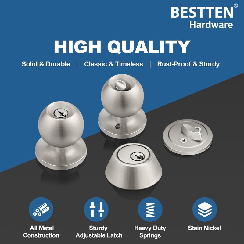 BESTTEN 3 Pack Keyed Alike Exterior Door Knobs and Single