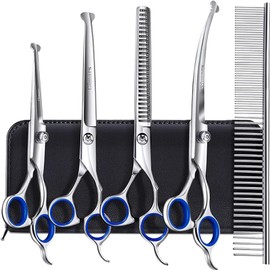 5-piece Set of Pet Scissors, Curved Scissors, Pet grooming Scissors, flip-up Scissors, 7-inch Curved Scissors, flip-up Scissors, 6-inch flat Tooth Scissors Set for Dogs, Cats and Other animals