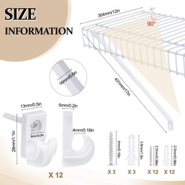 12 Inch Wire Shelf Brackets Set, Includes 3 Pack Metal Closet Support Bracket and 12 White Down Wall Clips with Screws Expansion Tubes for Wire Closet Shelving Suitability, Wardrobe