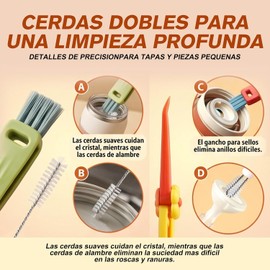 Kit de 6 Cepillo para Botellas,Cepillo de limpieza para vajillas de 3 en 1 3 Cepillo para Botellas y 3 Extra Largos Cepillo para Popotes de Acero Inoxidable 20cm,para Grietas y Espacios Reducidos.