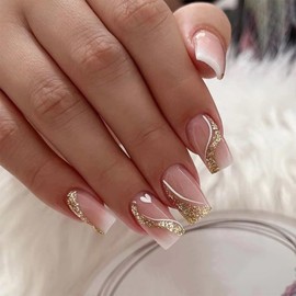 RYMAUP® 24 Stück Nägel zum Aufdrücken, mittelgroß, quadratisch, künstliche Nägel, goldene Glitzer-Kunstnägel mit Design, Kleber auf den Nägeln, Farbverlauf, Rosa, vollständige Abdeckung