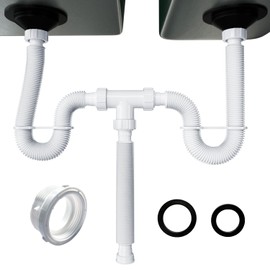 VIVIDA Double Sink Drain Kit, 1-1/2" Flexible Sink P Trap, 11"-31.5" Expandable Flexible P Trap Double Bowl Drain Kit for Kitchen, Bathroom, 1-1/4" Adapter Included, White, 1 PACK