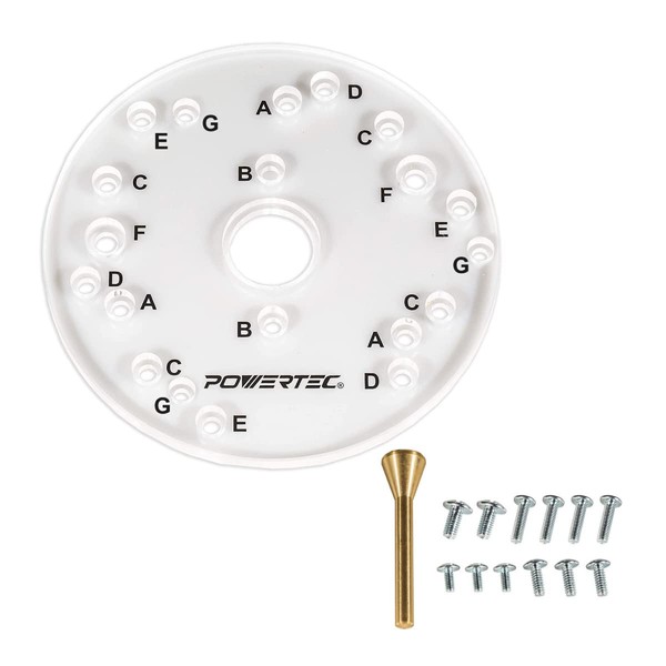 POWERTEC 71369 Router Base Plate with Centering Pin | 6-1/2" Diameter, 5/16" Thick |Letter-Marked Pre-Drilled Holes