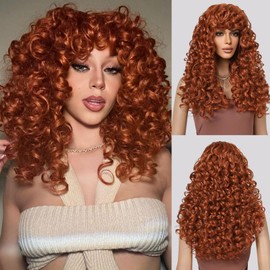 LONAI Copper Red Curly Wig Long Curly Wigs with Bangs for Women WIG006 Synthetic Hair Wig Vintage Hairstyle for Daily Use Party Cosplay-Bright Copper Red