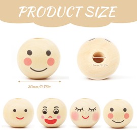 ROYUEXT Pack of 80 Wooden Beads with Face Worms, Wooden Heads with Face 20 mm with Hole, Natural Round Beads, Nice Face