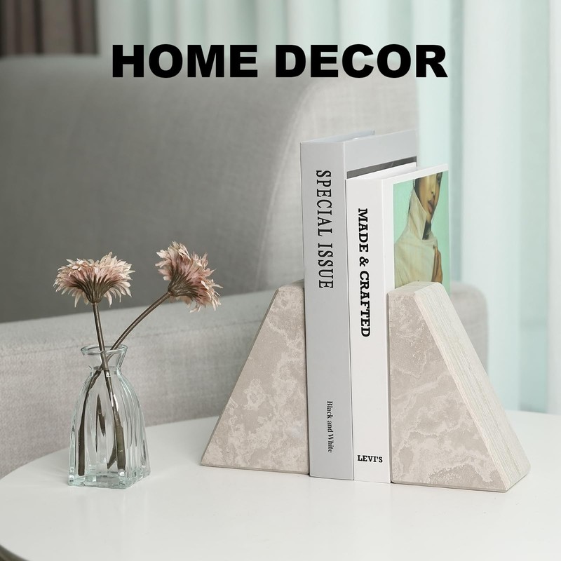 Marble Bookends for Heavy Books, Decorative Book Ends for Shelves,